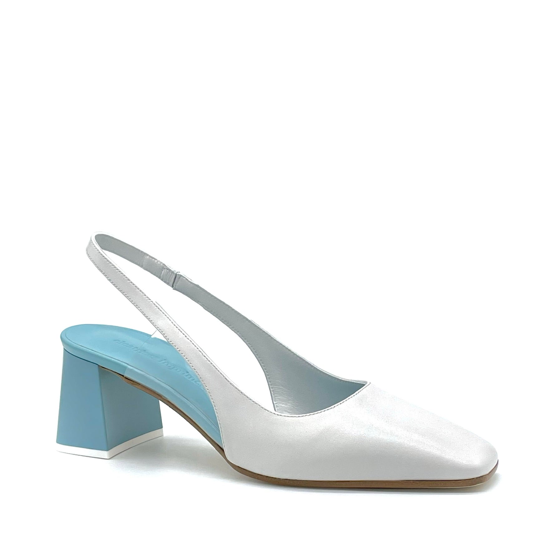 CICATRICES IMPRIMÉES - White And Sky Blue Ophelia Slingback, buy at doors. nyc