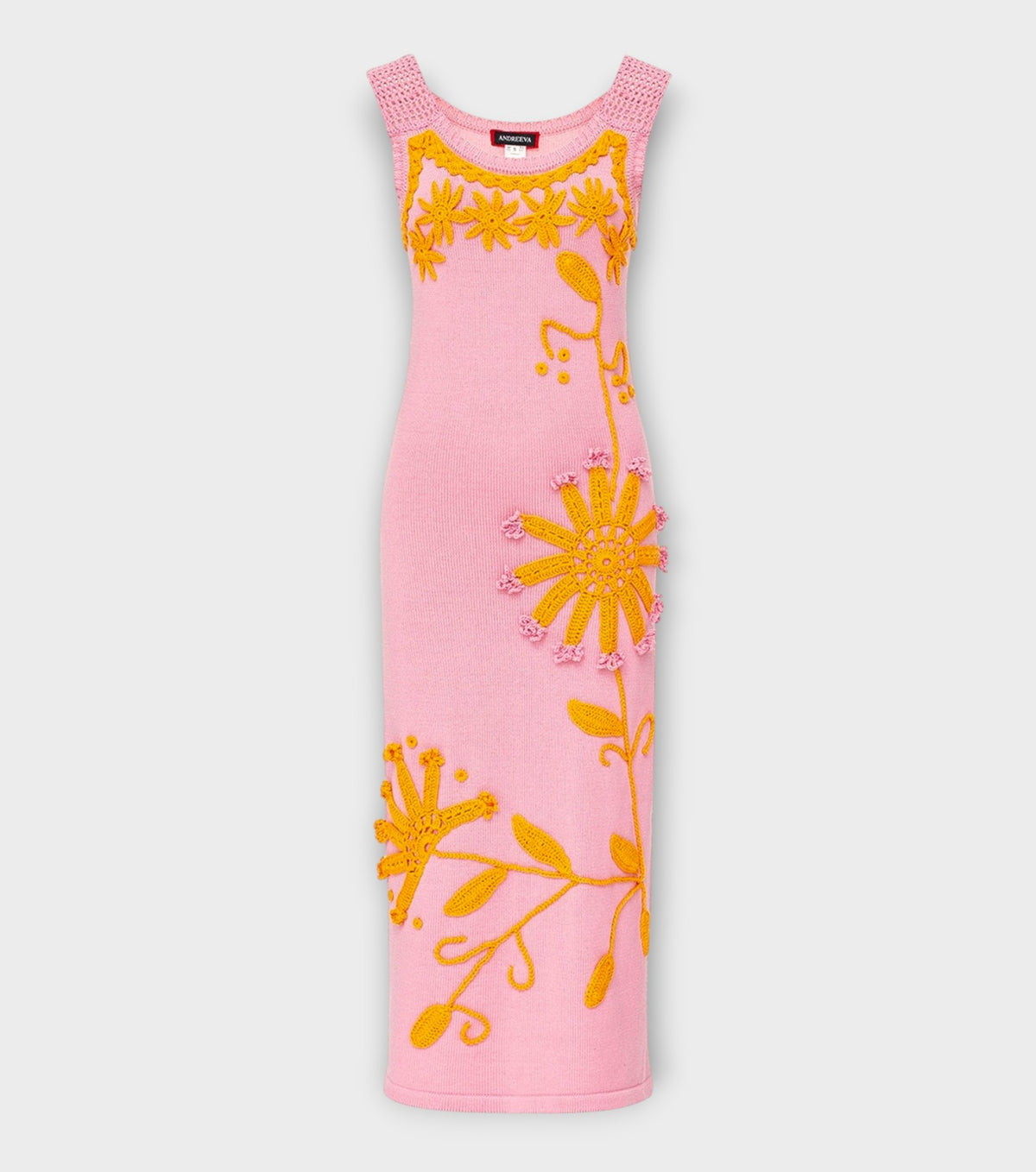 Pink Knit Midi Dress with Golden Handmade Floral Embroidery