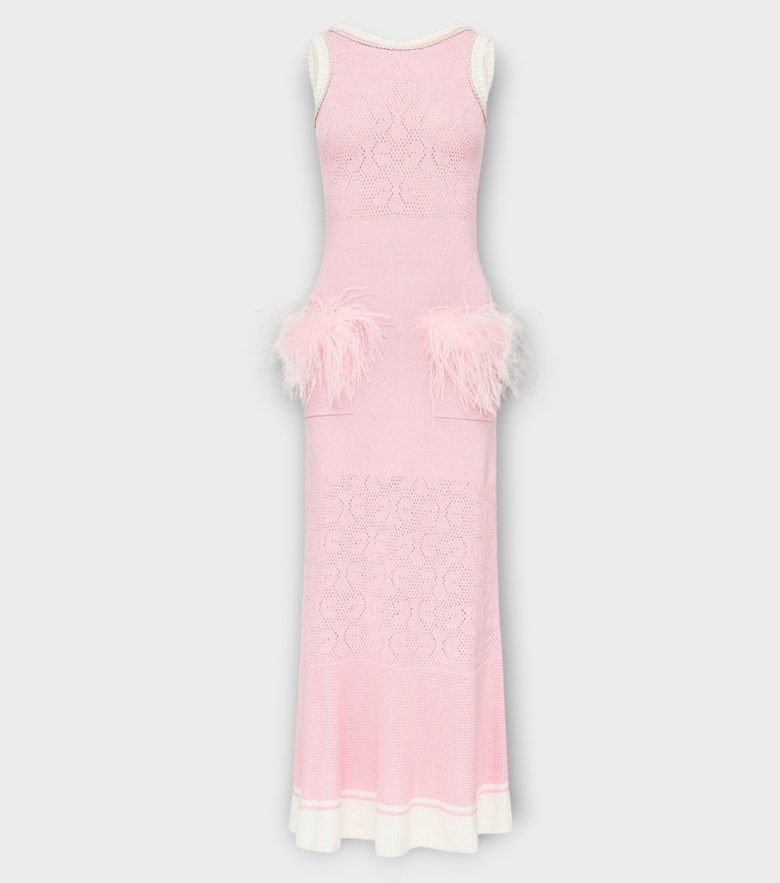 Pink Knit Midi Dress with Ostrich Feather Pockets