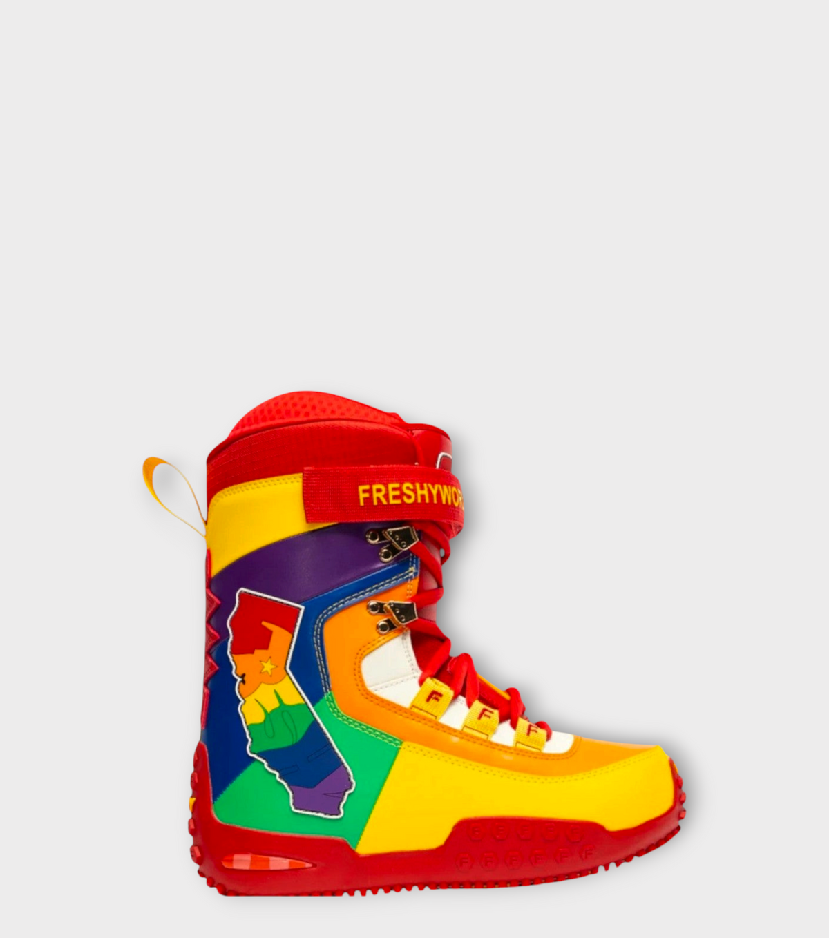 Botte de snowboard doors.nyc Pow Stomps multicolore avec motif de carte de Californie et sangle de cheville rouge