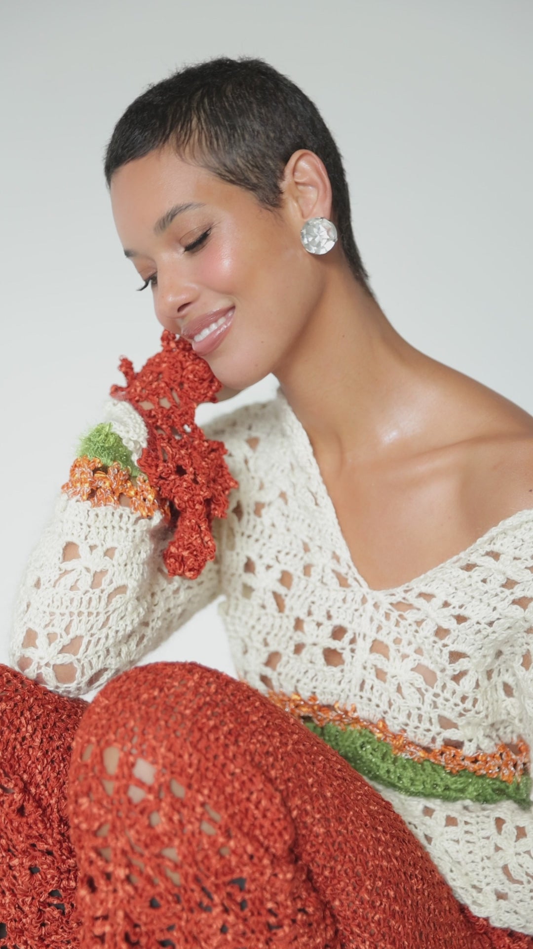 ANDREEVA - Chrysanthemum Terracotta Handmade Crochet Flared Pants, buy at DOORS NYC