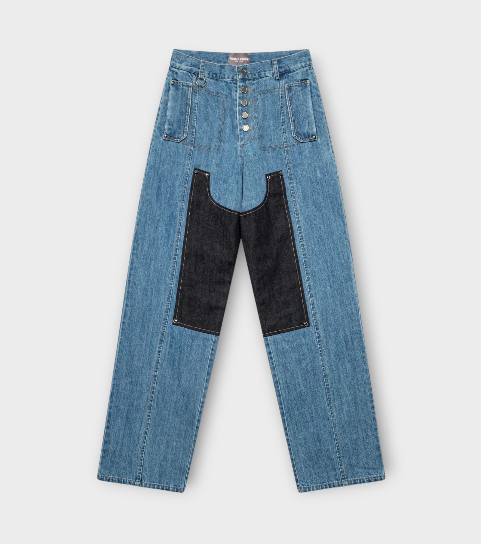Washed Two-Tone Panel Straight-Leg Jeans