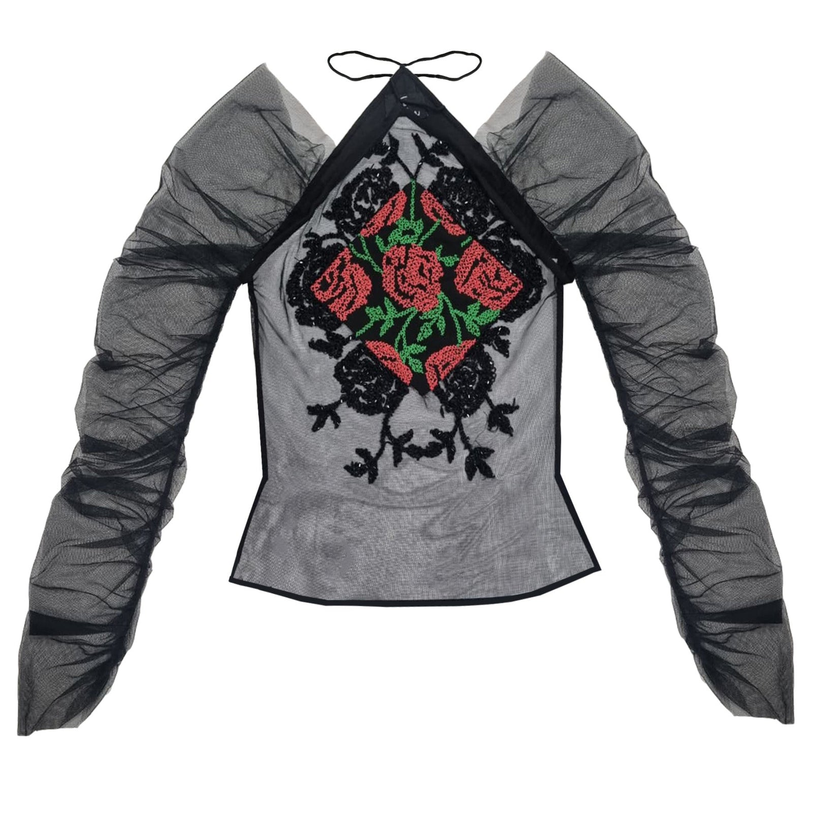 Gray top with floral embroidery on a white background