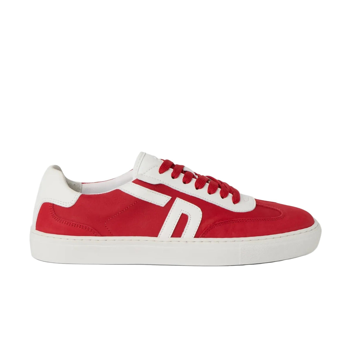 The FRESHY Rockafella Crimson | PR Sample is a red and white low-top retro sport sneaker in full-grain leather with white laces, side detailing, and a white rubber sole, shown in side profile on a plain background.