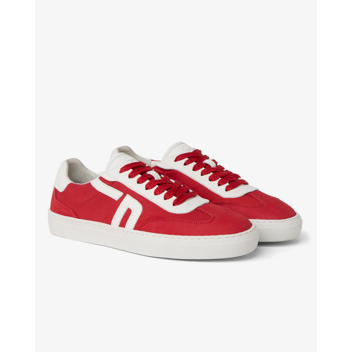 The FRESHY Rockafella Crimson | PR Sample features red and white retro sport sneakers in full-grain leather with white soles, laces, and bold side accents, shown on a plain white background.