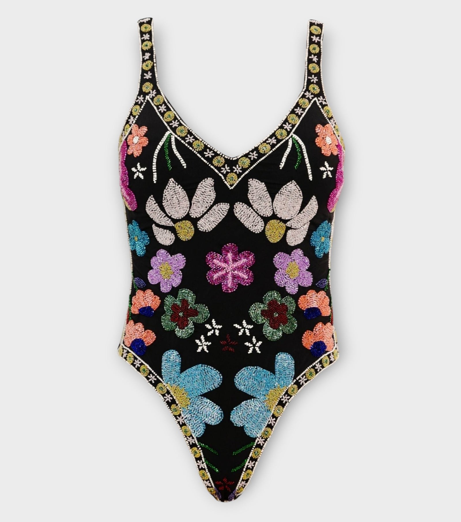 Flower Hand-Beaded Embellished One-Piece Swimsuit | Black