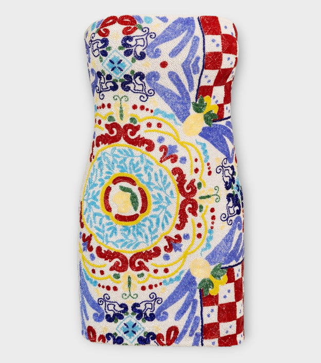 Limoncello Hand-Beaded Embellished Mini Dress | Red
