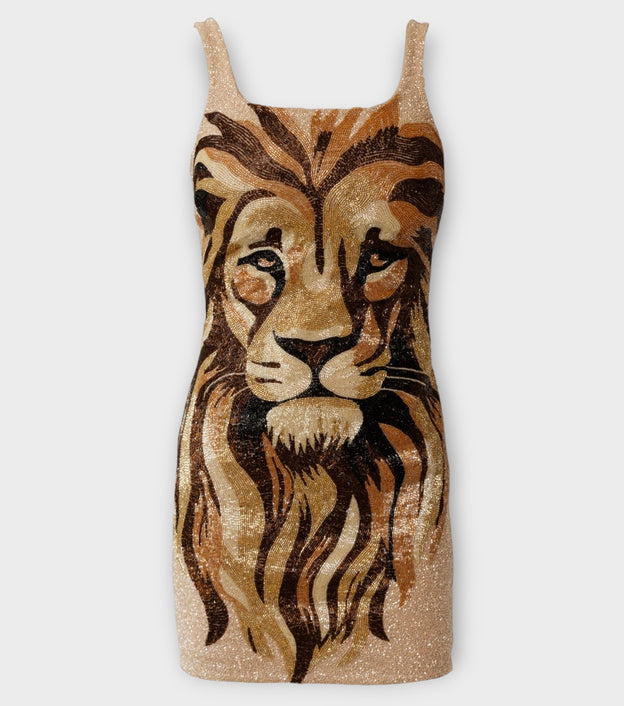 Lion Hand-Beaded Embellished Mini Dress