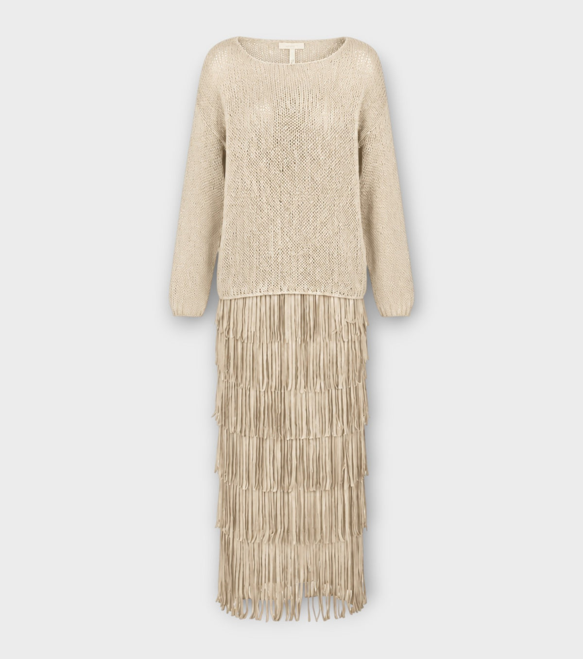 Beige Silk Fringe Skirt &amp; Crochet Top Set