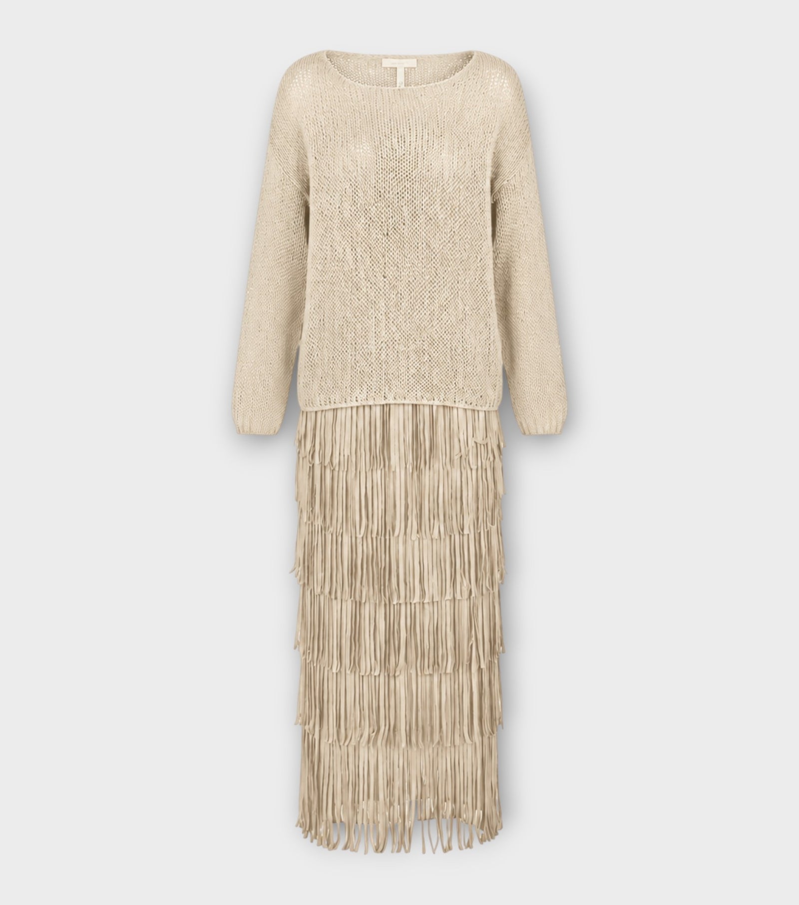 Beige Silk Fringe Skirt & Crochet Top Set