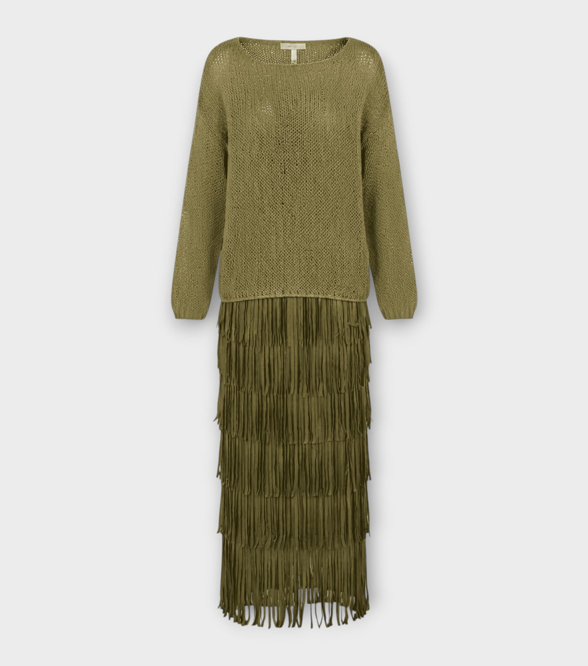 Olive Green Silk Fringe Skirt &amp; Crochet Top Set