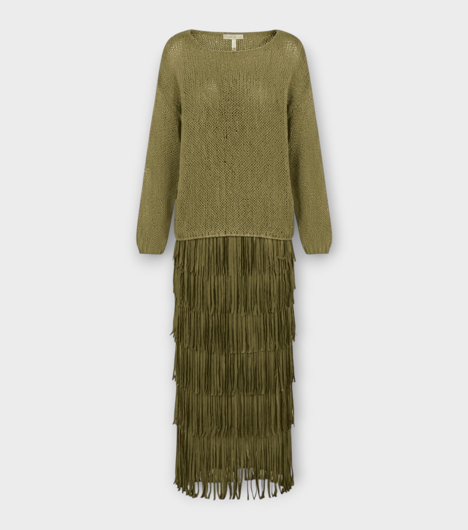 Olive Green Silk Fringe Skirt & Crochet Top Set