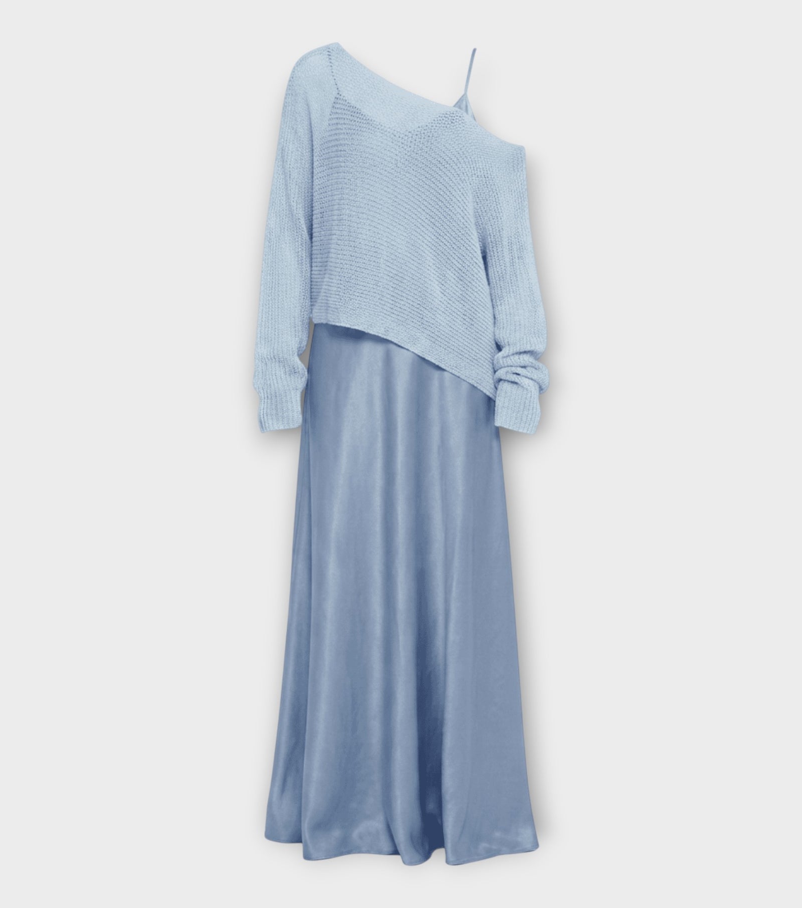Powder Blue Silky Overlay Maxi Dress with Knit Top