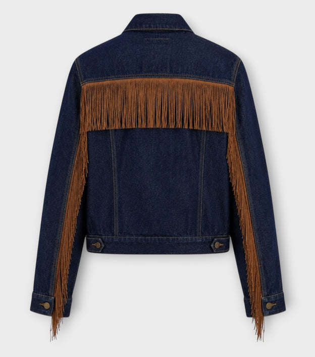 Dark Blue Denim Fringe Jacket with Western Detail