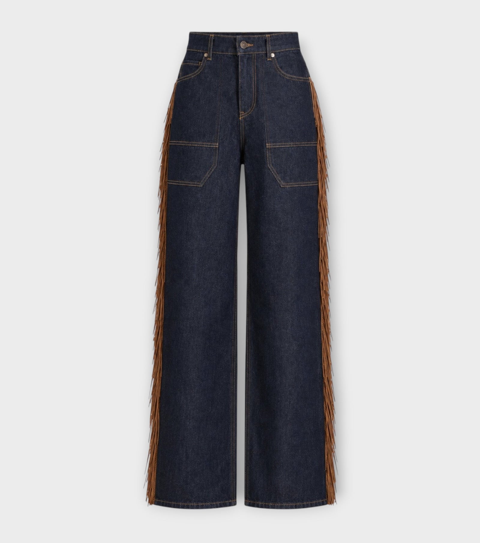 Dark Blue Wide-Leg Fringe Denim Pants