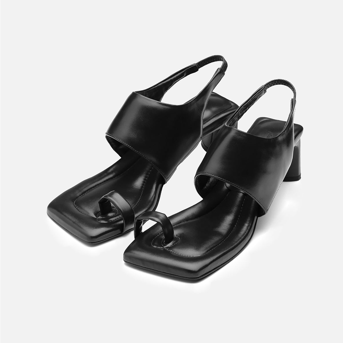 Black Leather Square-Toe Slingback Sandals