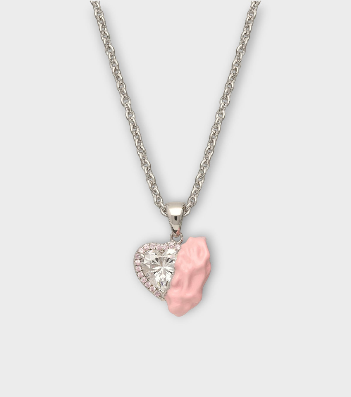 Pink Enamel Gum Heart Necklace with Clear Zirconia