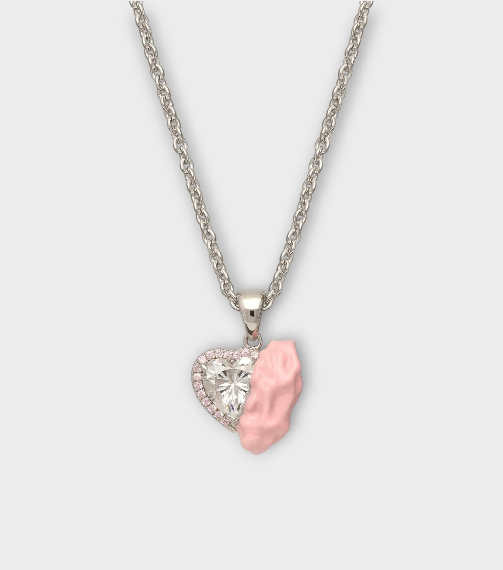 Pink Enamel Gum Heart Necklace with Clear Zirconia
