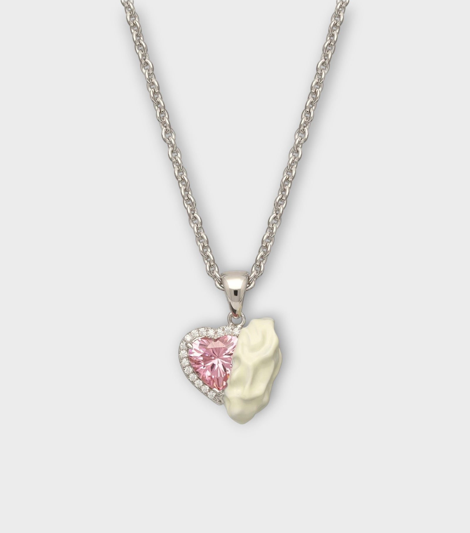 White Enamel Gum Heart Necklace with Pink Zirconia