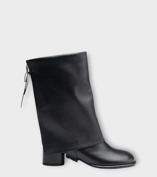Black Convertible Mid-Calf Leather Boots with Cover