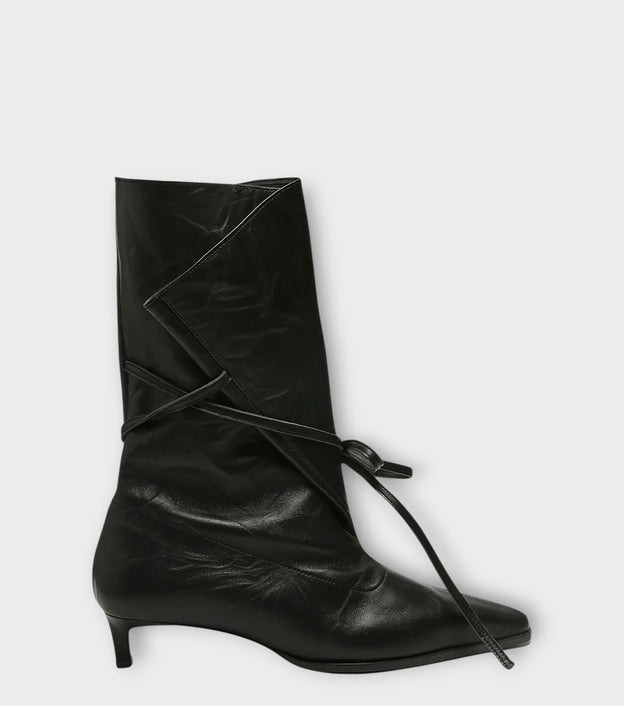 Black Folded-Top Leather Ankle 
Boots with Wraparound Tie