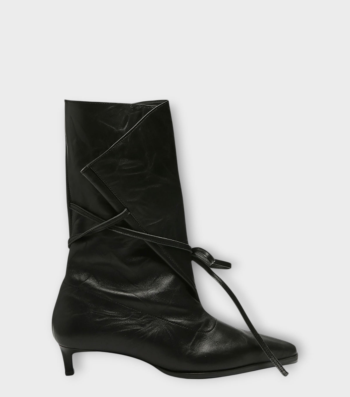 Black Folded-Top Leather Ankle 
Boots with Wraparound Tie