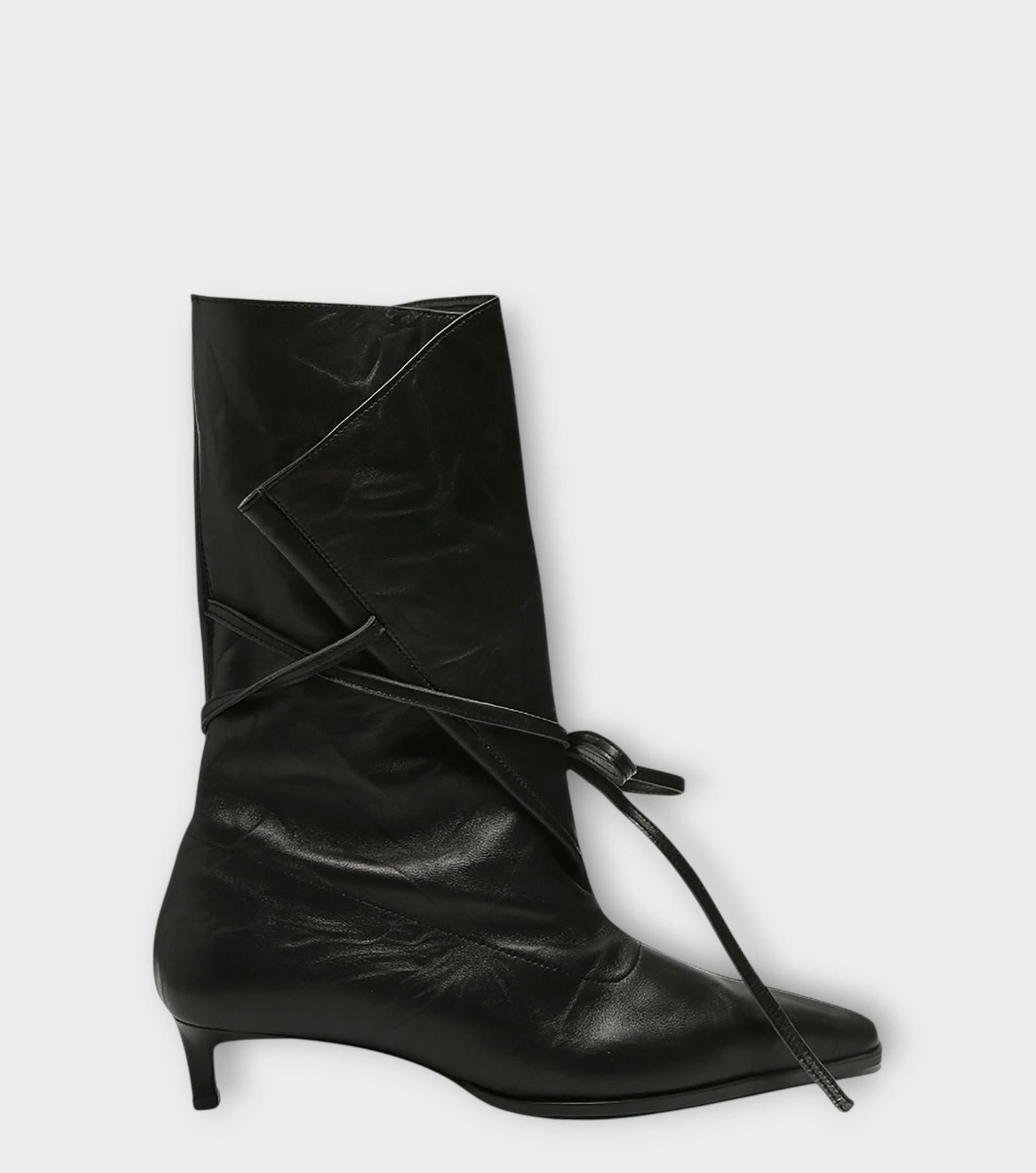Black Folded-Top Leather Ankle 
Boots with Wraparound Tie