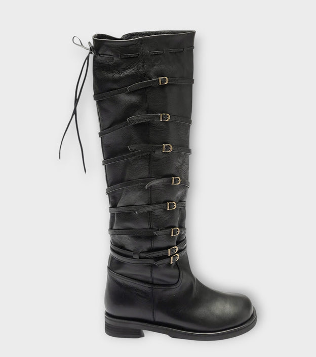 Black Knee‑High 
Leather Multi‑Strap Buckle Boots