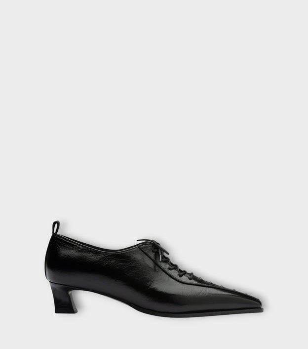 Black Lace-Up Kitten Heel 
Leather Shoes