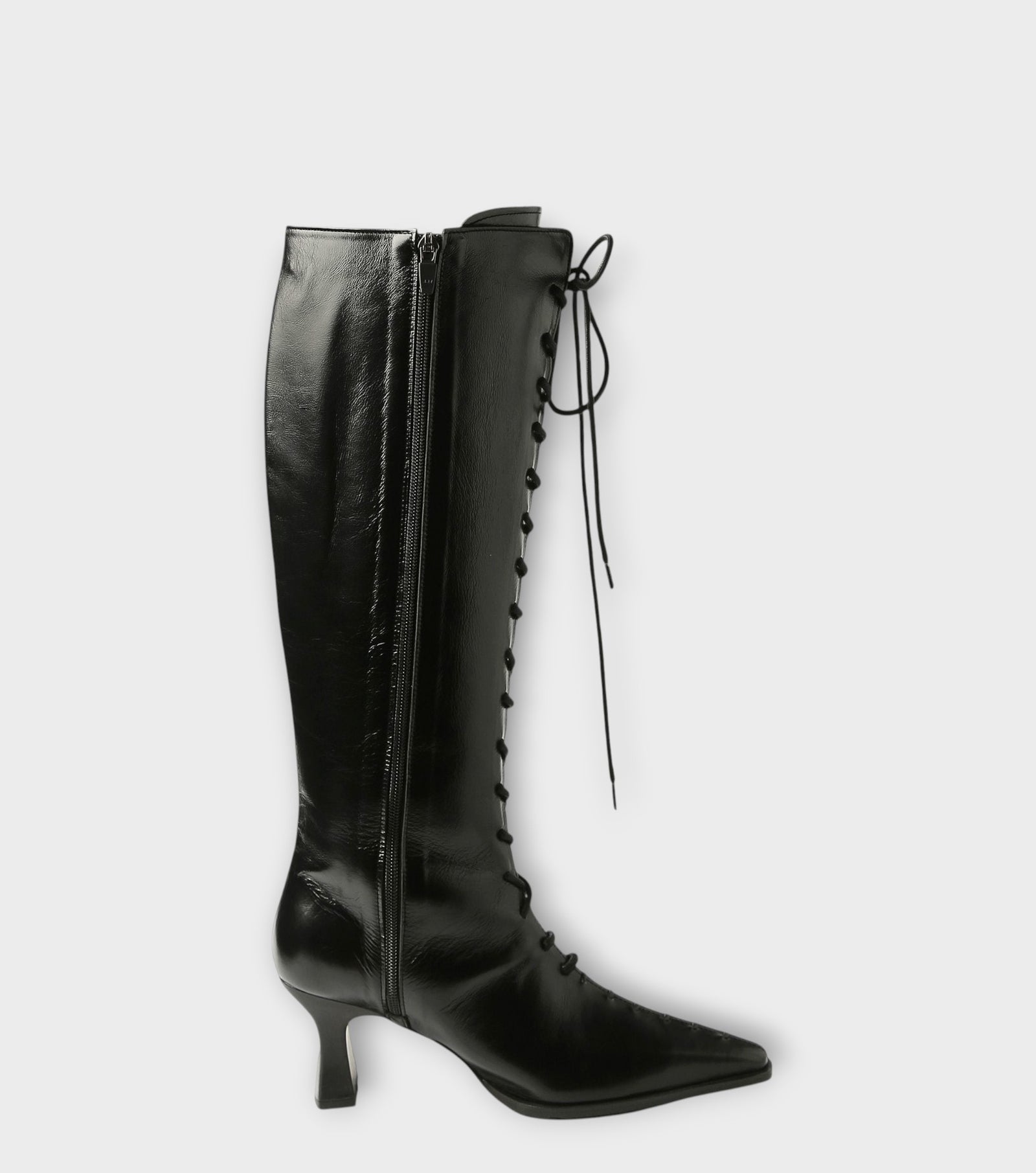 Black Lace-Up Knee-High Leather Boots