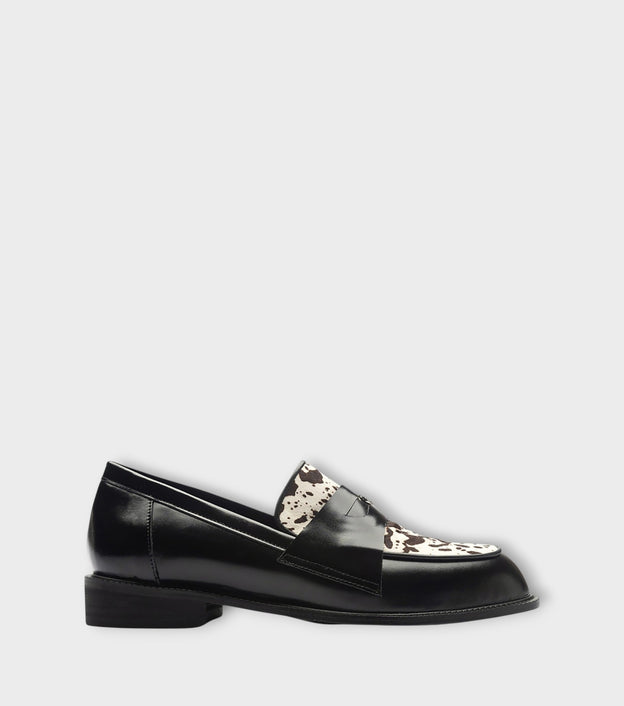 Black Leather Loafers with 
Cowhide Print Vamp