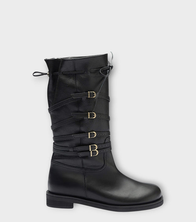 Black Leather 
Multi‑Strap Buckle Mid-Calf Boots