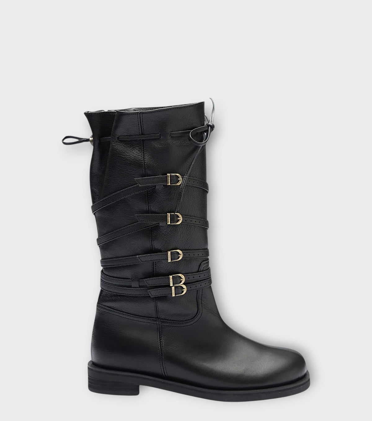 Black Leather 
Multi‑Strap Buckle Mid-Calf Boots