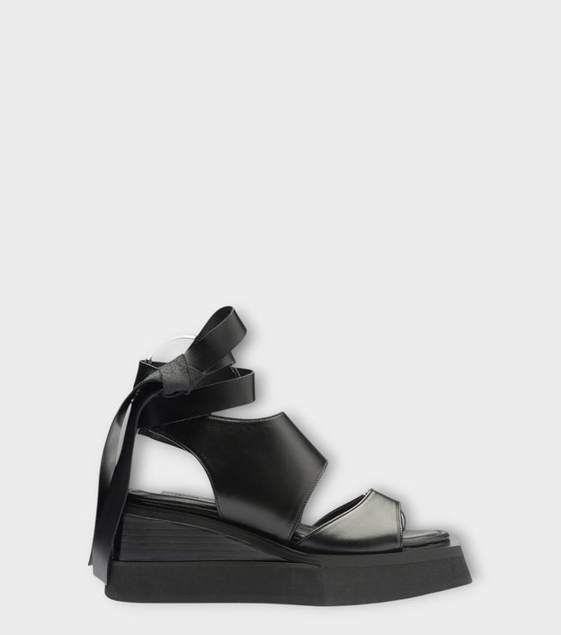 Black Leather Ribbon Strap Platform Sandals