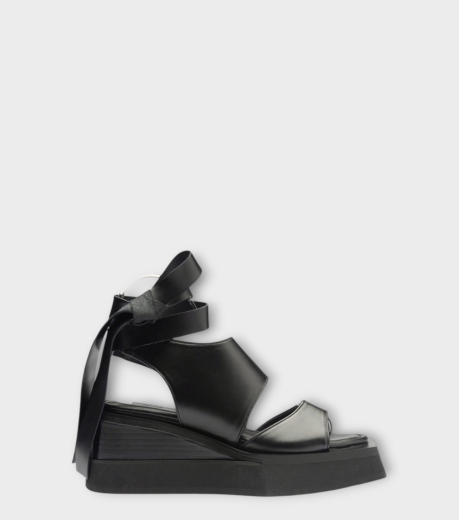 Black Leather Ribbon Strap Platform Sandals