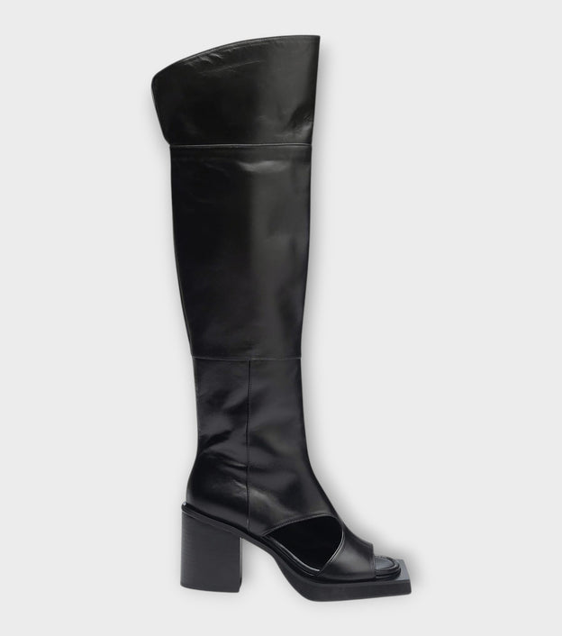 Black Open-Toe Knee-High Leather Boots