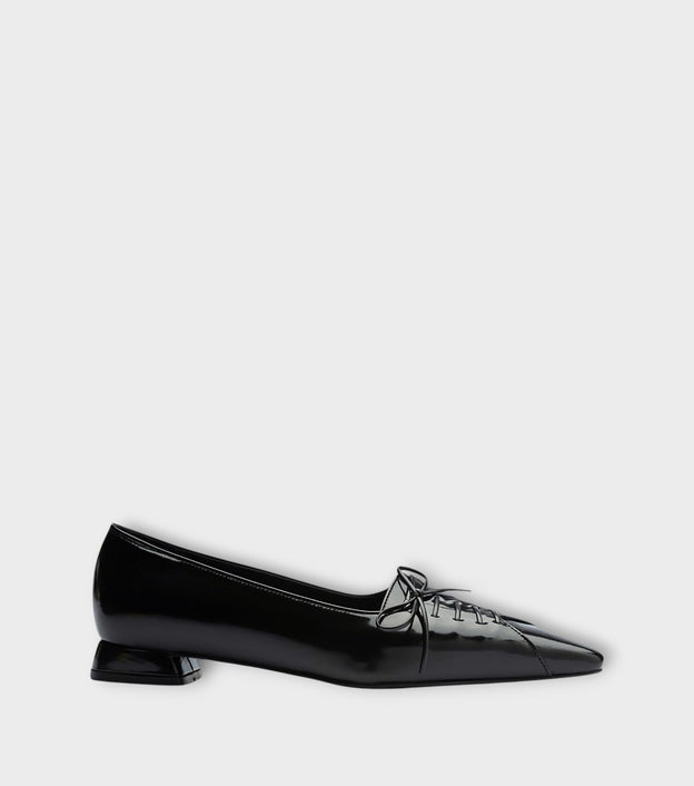 Black Patent Pointed Lace-Up Flats