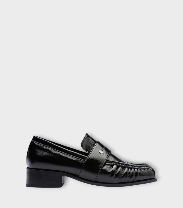 Black Square Leather Loafers with Shirring