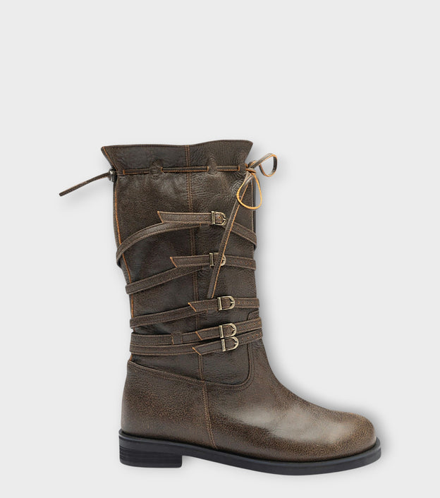 Brown Leather 
Multi‑Strap Buckle Mid‑Calf Boots