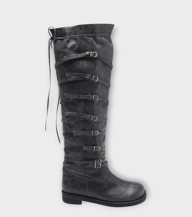 Grey  Knee‑High Leather Multi‑Strap 
Buckle Boots
