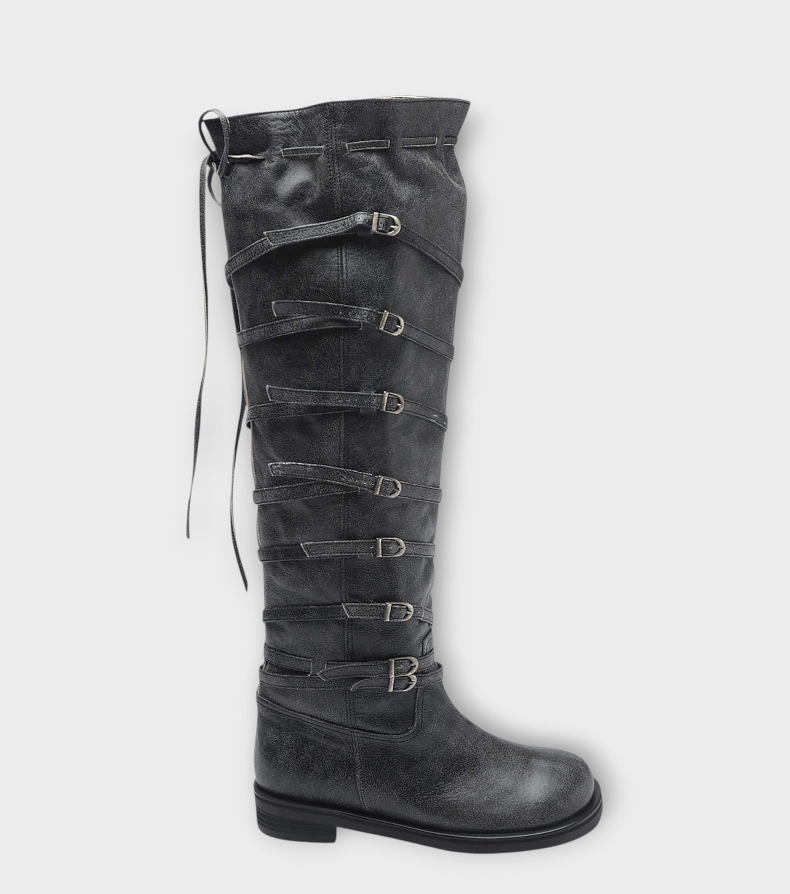 Grey  Knee‑High Leather Multi‑Strap 
Buckle Boots