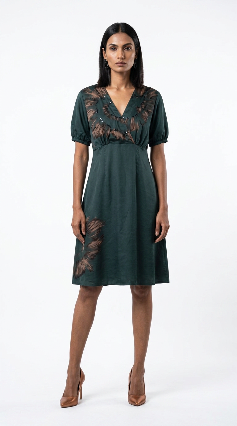 IEVA - Dark Green Brown Embellished Wrap Midi Dress, worn, buy at DOORS NYC