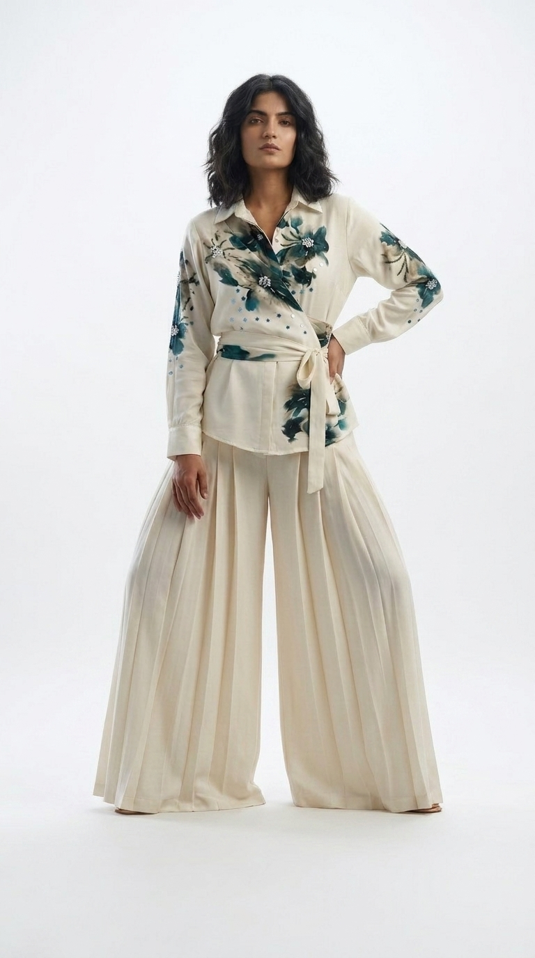 IEVA - Ivory Indigo Sequin Wrap Top, worn, buy at DOORS NYC