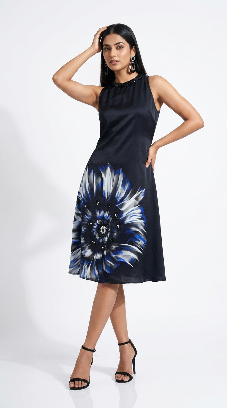 IEVA - Black Floral Sequin Flare Midi Dress, worn, buy at DOORS NYC