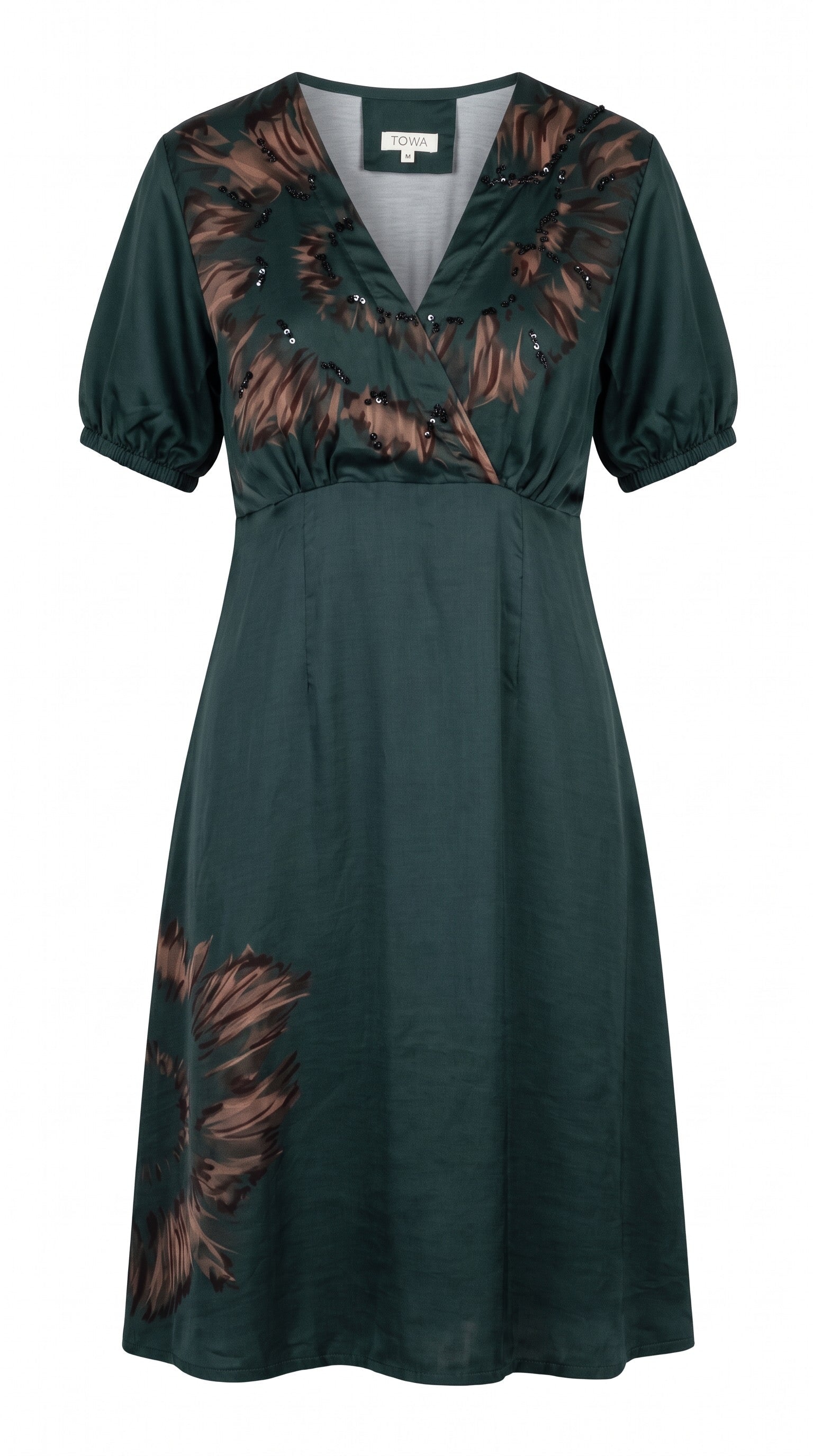 IEVA - Dark Green Brown Embellished Wrap Midi Dress, buy at DOORS NYC