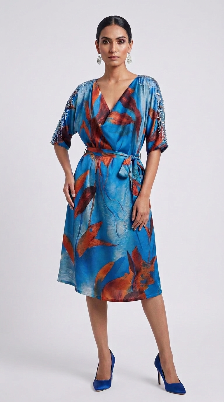 IEVA - Blue Multicolour Cowl Midi Dress with Sequins, worn, buy at DOORS NYC