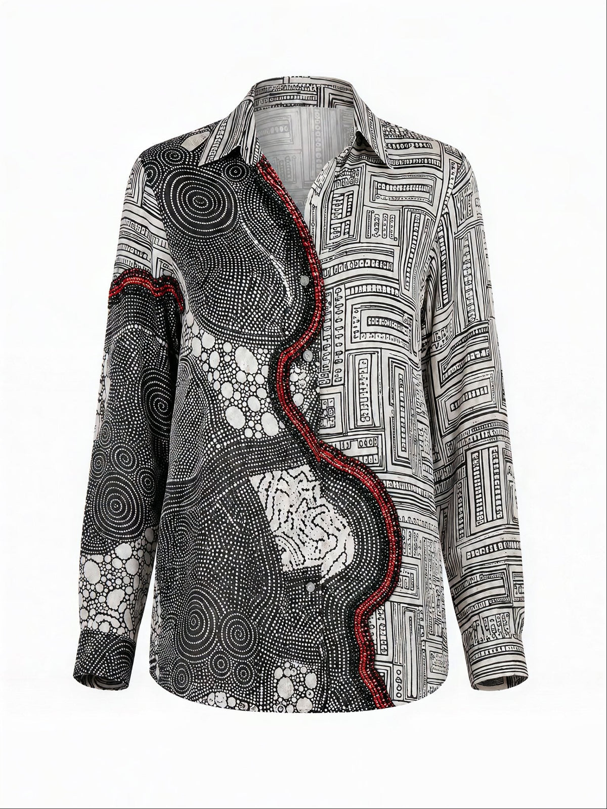 IEVA - Black White Red Embellished Shirt, buy at DOORS NYC