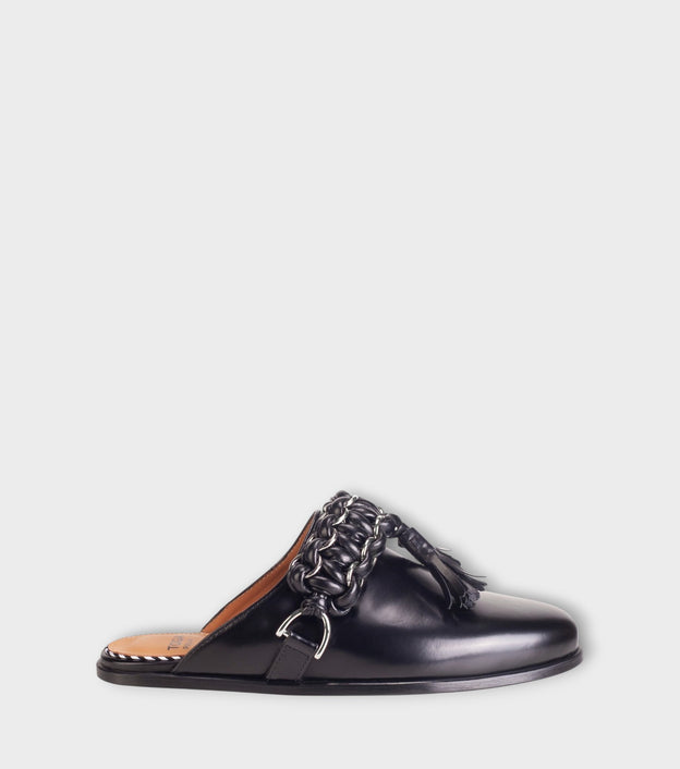 Chain Tassel Leather Slide Loafers – Black Polido
