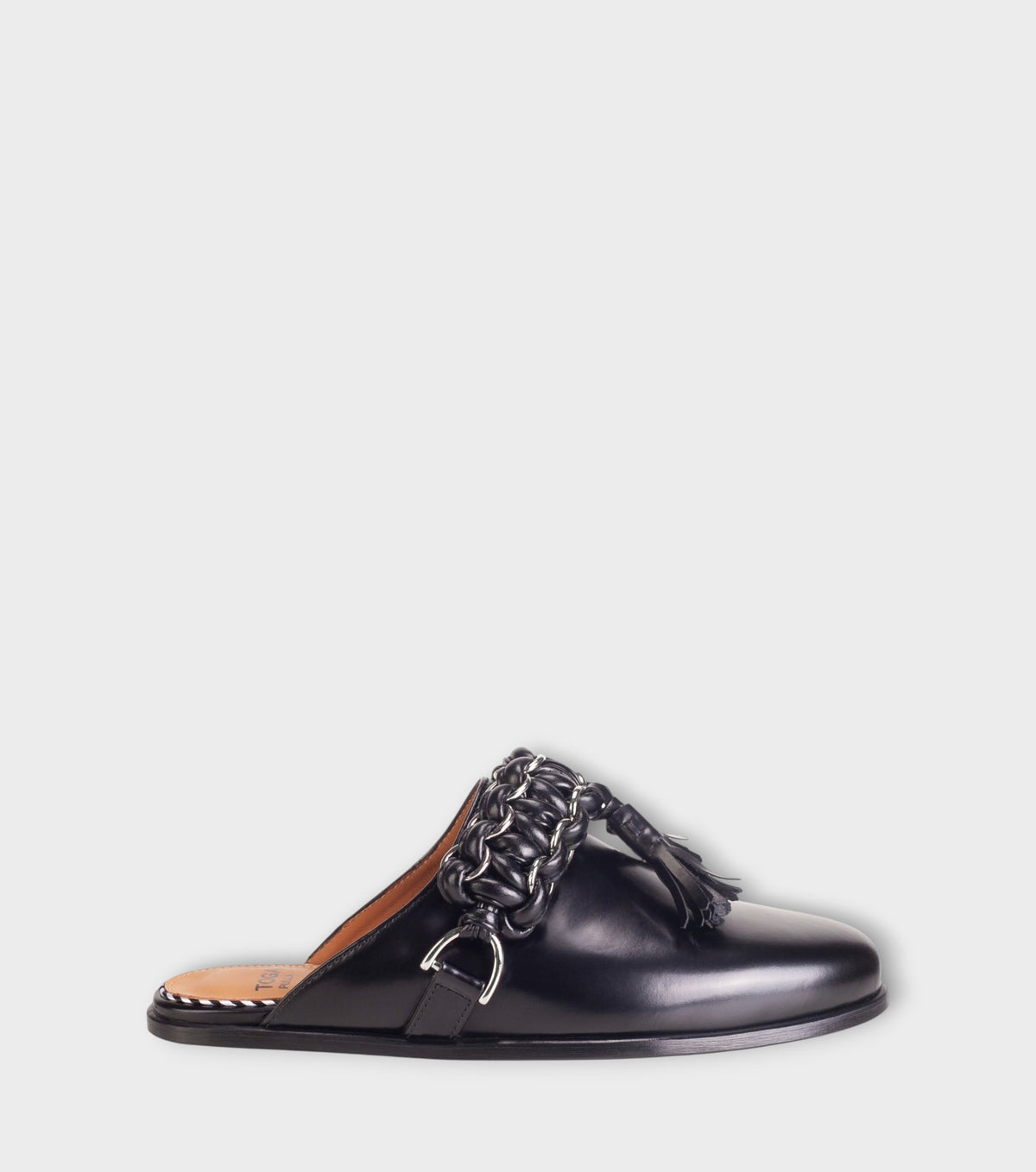 Chain Tassel Leather Slide Loafers – Black Polido