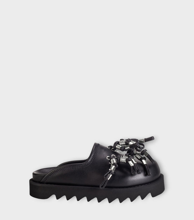 Industrial Tassel Platform Mules – Black Leather